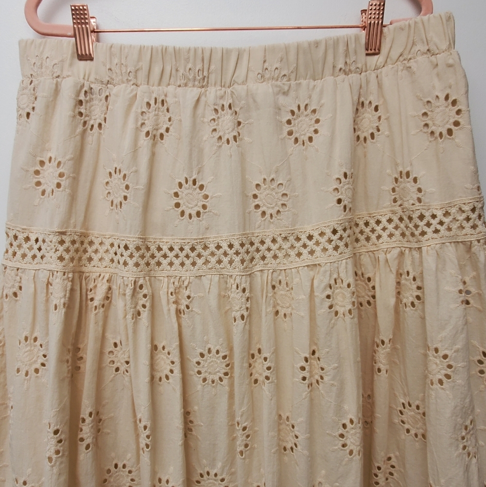Ultra Pink Lace Eylet Elastic Waist 100% Cotton Skirt Beige Color Size XL - Picture 2 of 9